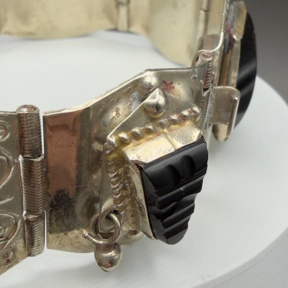 Vintage Estate Sterling Silver Black Onyx Bracelet Mask Tribal Face Panel Taxco - Picture 9 of 13